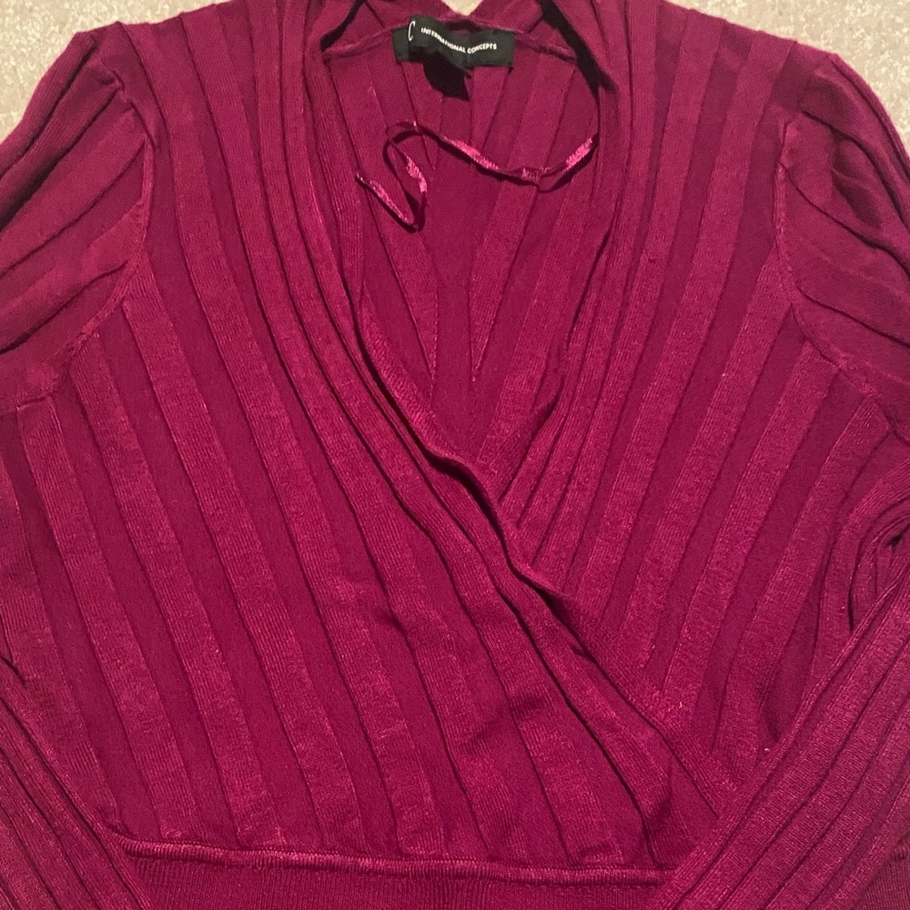 INC International Concepts Ribbed Wrap V-Neck Sweater - Fuchsia/purple